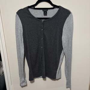 Ann Taylor Color Block Button Front Cardigan Sweater Grey Medium
